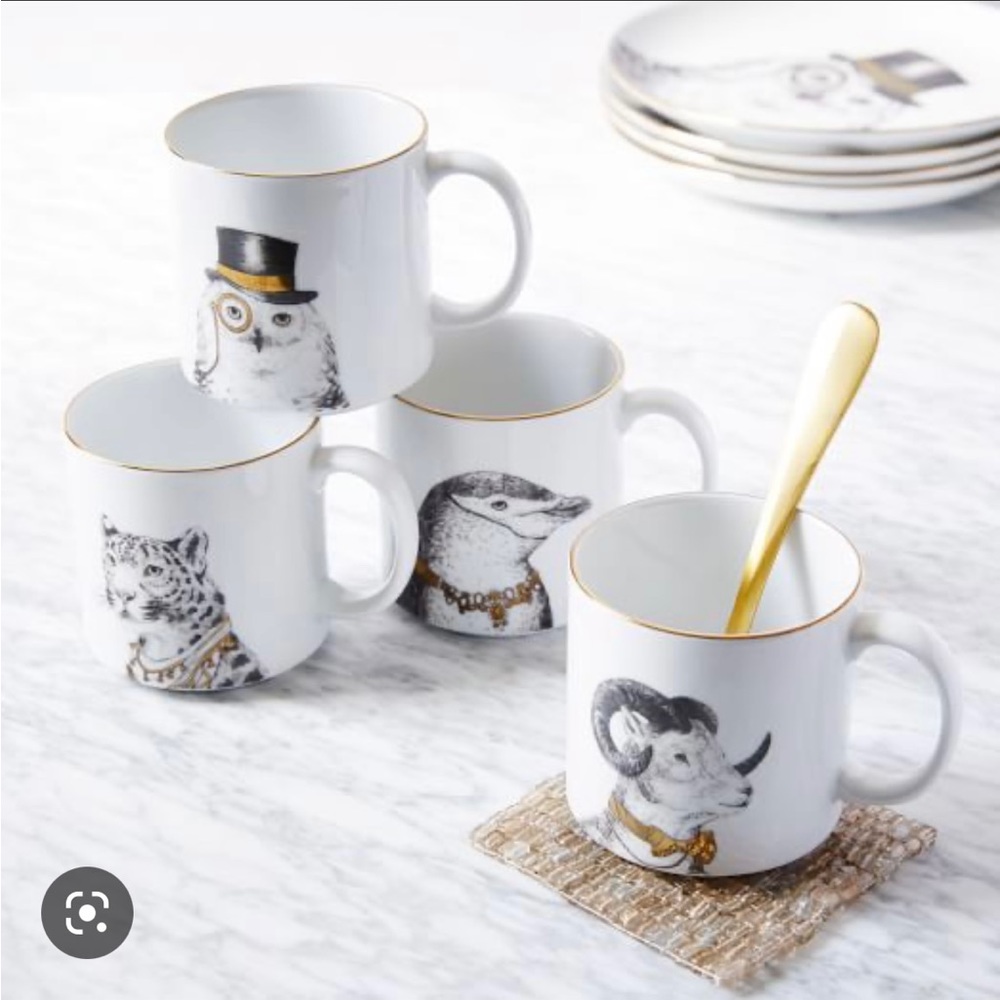 WEST ELM Gilded Dapper Animal Complete Mug Set of (4)